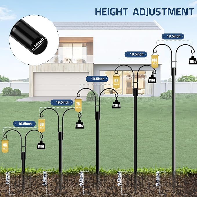 Ottsuls Bird Feeder Pole, 2 Pack 108 INCH Double Shepherds Hooks for Outdoor, Garden Pole with 5 Base Prongs Heavy Duty Planter Hooks for Hanging Plant Baskets, Lantern, Hummingbird Feeder