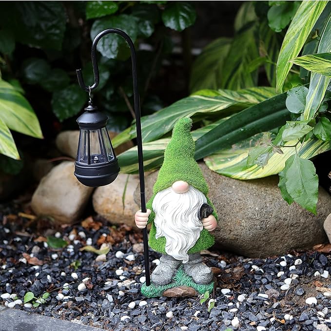Flocked Garden Gnome Statue, Large Outdoor Gnome with Solar Lights, Funny Garden Figurines for Outdoor Home Yard Decor (15.8 Inch Tall)