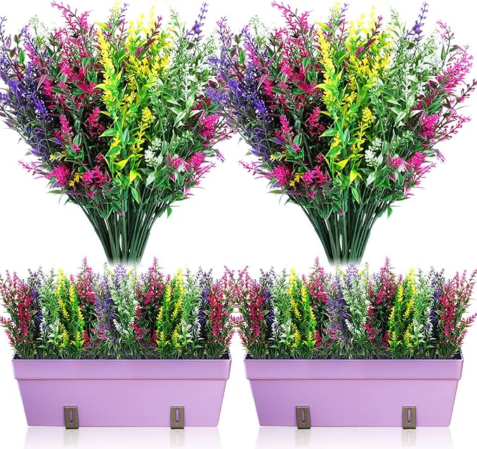 WILLBOND 12 Bundles Artificial Lavender UV Resistant Plants Outdoor Faux Flowers Shrubs for Floral Arrangement, Table Centerpiece, Home Garden Decor (Mixed Color)