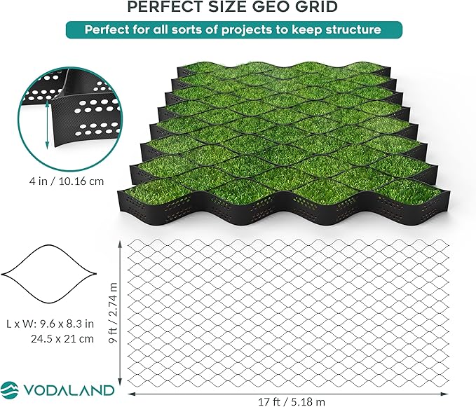 Vodaland - 4" GeoCell - 100% Permeable for Parking Pads, Retaining Walls and Erosion Control, Size 9 ft x 17 ft