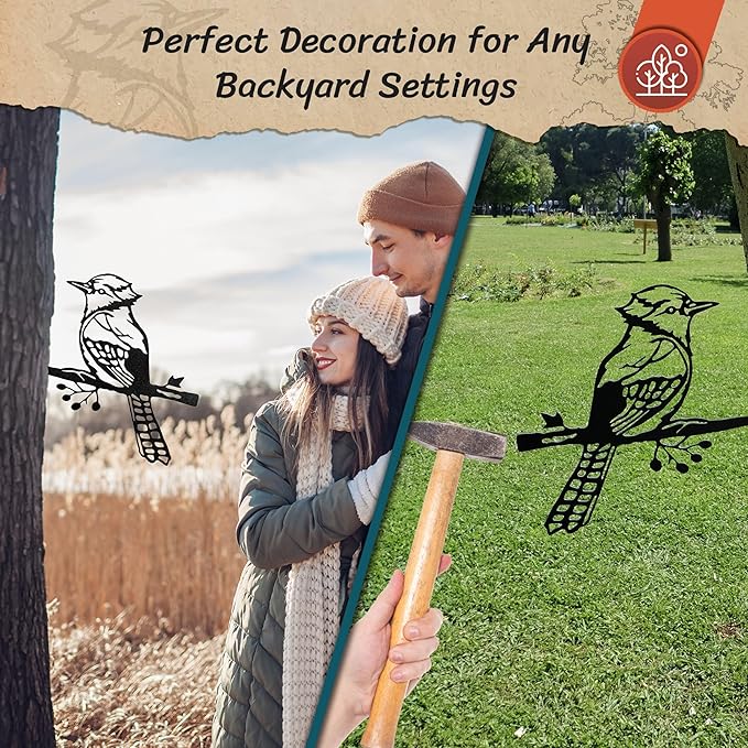 Renovatio Metal Bird Decor – Rustic Bluejay Decoration, Metal Garden Sculpture, Outdoor Tree Ornaments – A Unique Outdoor Yard Decor – Bluejay (Black)