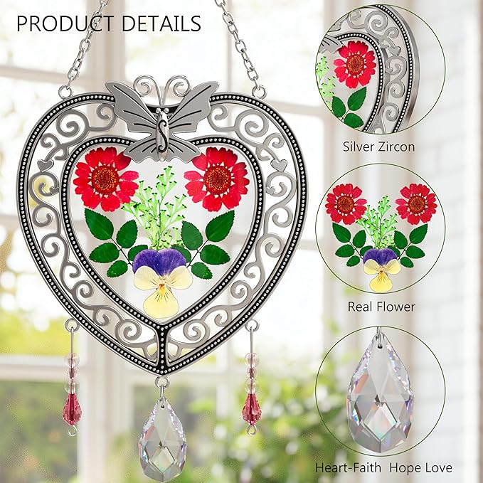 KY&BOSAM Heart Suncatcher Crystal Tree of Life Stained Glass Panles Real Flower Hangings for Windows Home Garden Outside Wind Chime Decor Birthday Gifts for Women Mother`s Day Christmas Ornament