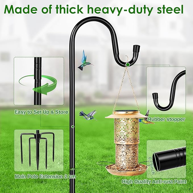 XDW-GIFTS Bird Feeder Pole for Outdoor, 76 Inch Shepherds Hooks Heavy Duty Garden Pole for Hanging Plant Basket, Solar Light Lanterns, Garden Plant Hanger Stands with 5 Base Prongs