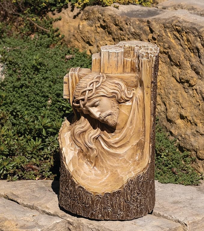 Joseph's Studio by Roman, 12" H Carved Cross with Jsesus Garden Statue, Religious Outdoor Decor