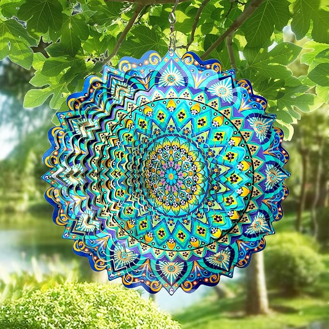 Wind Spinners Peacock Mandala Wind Spinner 3D Hanging Wind Sculpture Creates Mesmerizing Holographic Effect, Outdoor Garden Decor Kinetic Yard Art Decoration, Fun Mandala Gifts for Women Men