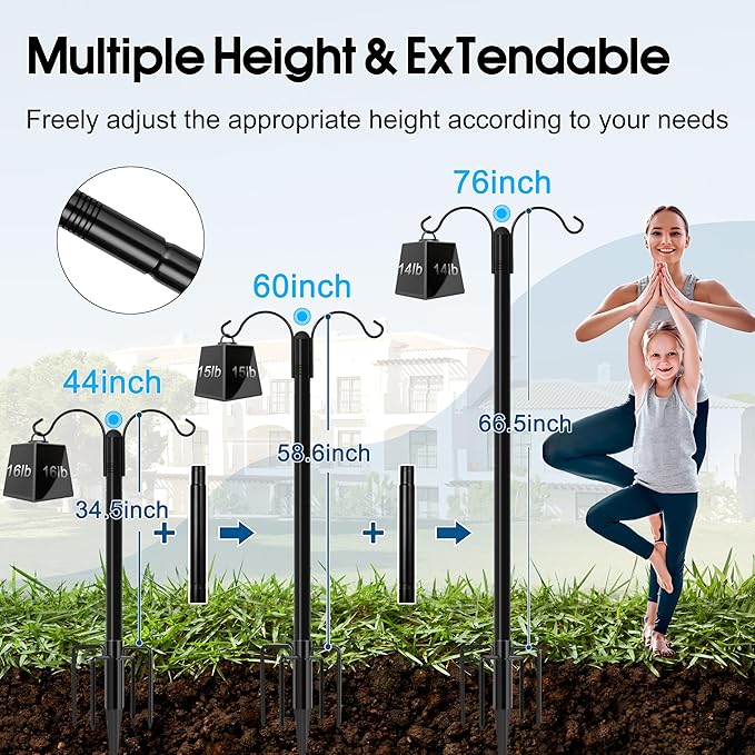 Ottsuls Bird Feeder Pole, 2 Pack 76 INCH Double Shepherds Hooks for Outdoor, with 5 Base Prongs Heavy Duty Tall Garden Planter Hooks for Hanging Flower Basket, Lantern, Hummingbird Feeder