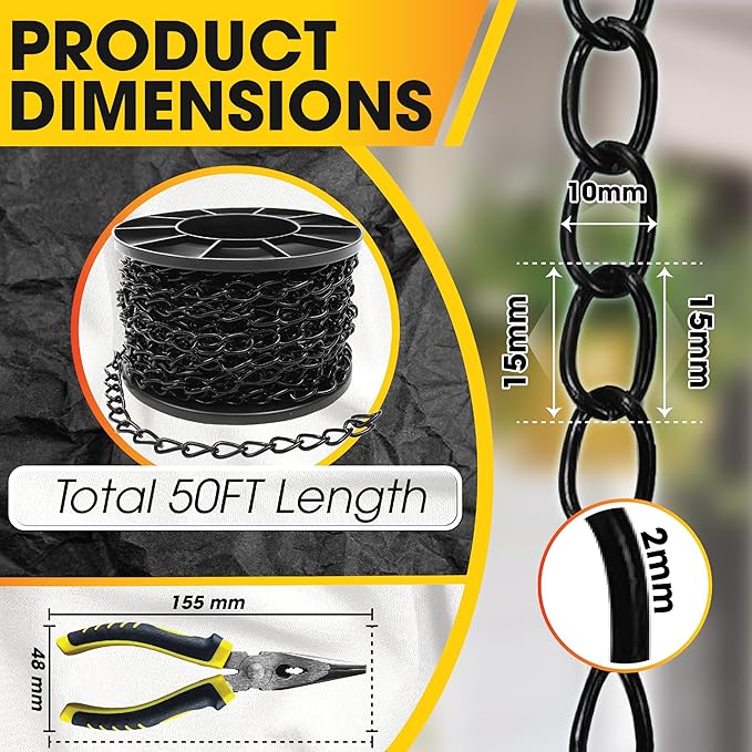 [Upgraded] 50FT Black Electroplated Steel Hanging Chain Roll, Pliers Included, 20LBS Load Capacity, Durable, Rust-Resistant, Adjustable Length for Hanging Bird Feeders, Planters, Lanterns, Billboards