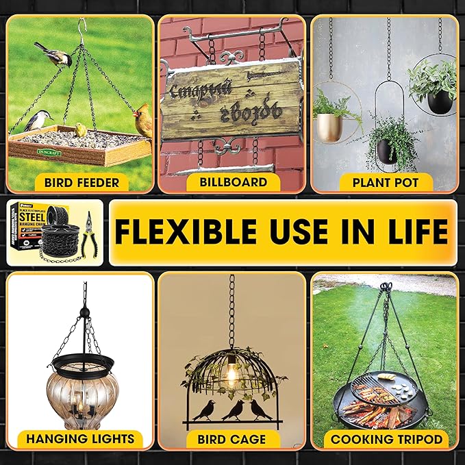 [Upgraded] 50FT Black Electroplated Steel Hanging Chain Roll, Pliers Included, 20LBS Load Capacity, Durable, Rust-Resistant, Adjustable Length for Hanging Bird Feeders, Planters, Lanterns, Billboards