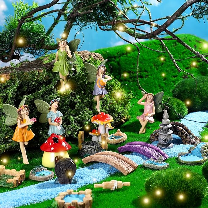 Unittype 19 Pcs Miniatures Fairy Gnome Resin Figures Garden Accessories Mushroom House Figures Fake Pond Lawn Bridge Figurines Terrarium Ornaments Garden Decoration for Outside(Fairy)