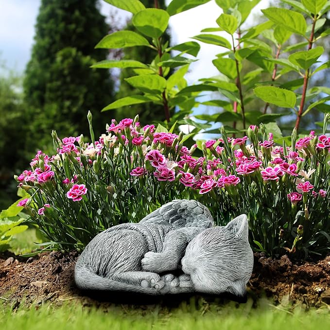 Pure Garden Cat Memorial Stone - Peaceful Sleeping Kitten Angel Statue for Garden, Remembrance, Grave Marker, and Loss - Pet Sympathy Gift (Gray)