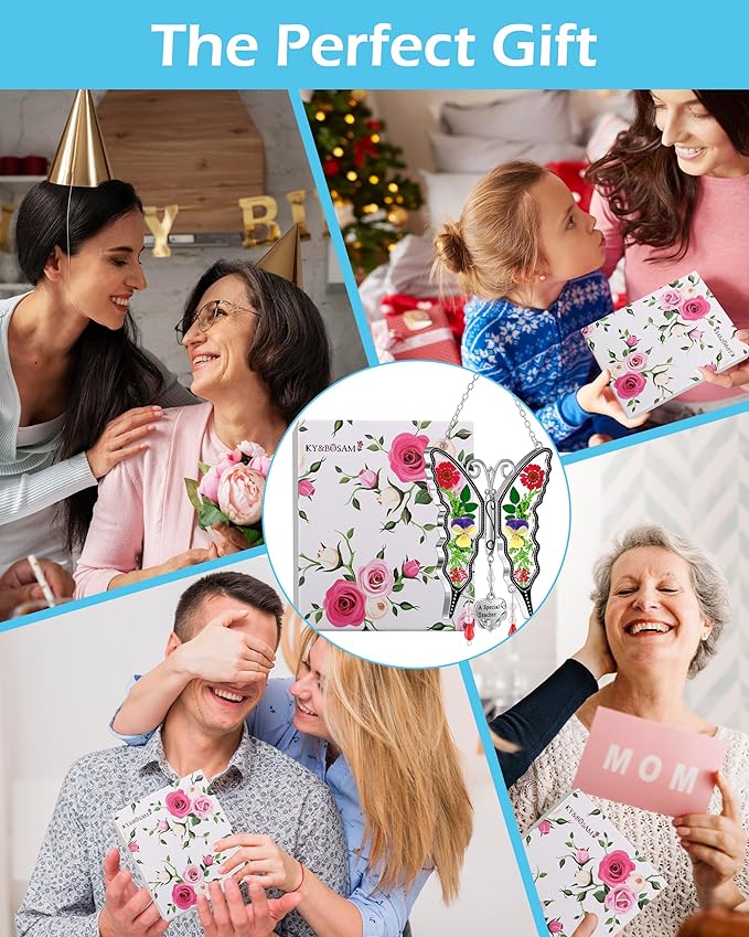 KY&BOSAM Butterfly Suncatcher A Special Teacher Stain Glass Suncatchers for Window Hanging Wind Chime with Pressed Flower Wings in Glass and Heart Charm Birthday Gift for Teacher`s Mother`s Day Gifts