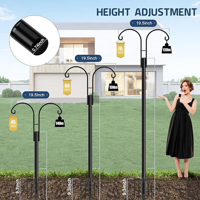 Ottsuls Bird Feeder Pole, 2 Pack 76 INCH Double Shepherds Hooks for Outdoor, Garden Pole with 5 Base Prongs Heavy Duty Planter Hooks for Hanging Plant Baskets, Lantern, Hummingbird Feeder