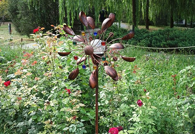 SteadyDoggie 75-Inch Wind Spinners Jewel Cup - Solar-Powered with Multi-Color LED Glass Ball - Metal Kinetic Windmill for Dual Wind Direction - Easy to Assemble Garden and Outdoor Yard Decorations