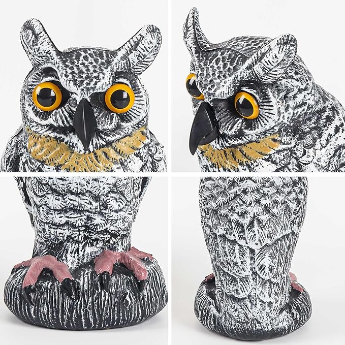 3 Pack Fake Owl Decoy to Keep Birds Away - Plastic Horned Owl Statues Bird Scarecrow Deterrents for Pigeon Hawk Squirrels Woodpecker, Halloween Decoration, Bird Scare Devices for Garden Outdoor Yard