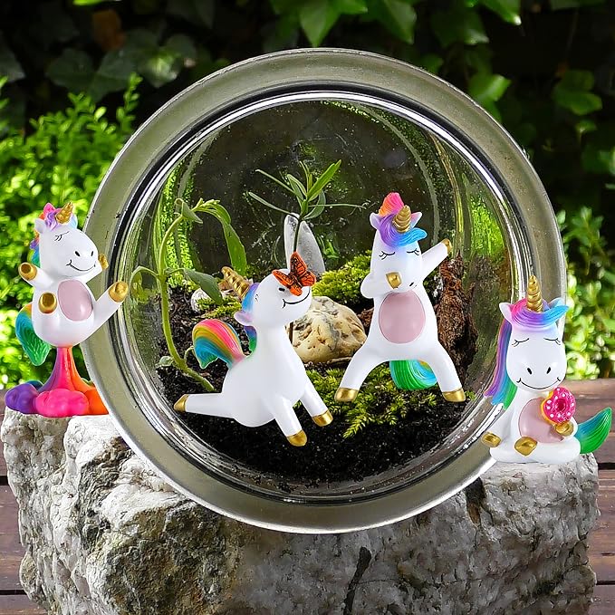Mood Lab Miniature Unicorn Figurines Set - Funny Mini Statue Kit of 4 pcs - Unicorn Fairy Garden Accessories