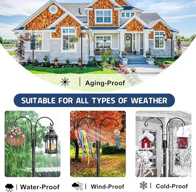 Ottsuls Bird Feeder Pole, 2 Pack 108 INCH Double Shepherds Hooks for Outdoor, Garden Pole with 5 Base Prongs Heavy Duty Planter Hooks for Hanging Plant Baskets, Lantern, Hummingbird Feeder