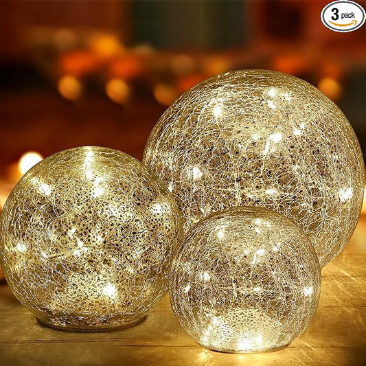 Mercury Crackle LED Glass Globe Ball Lamp with Timer, Battery Operated Night Light for Girls, Birthday, Halloween,Christmas - Decorative Gift for Home Warm White (with Timer)