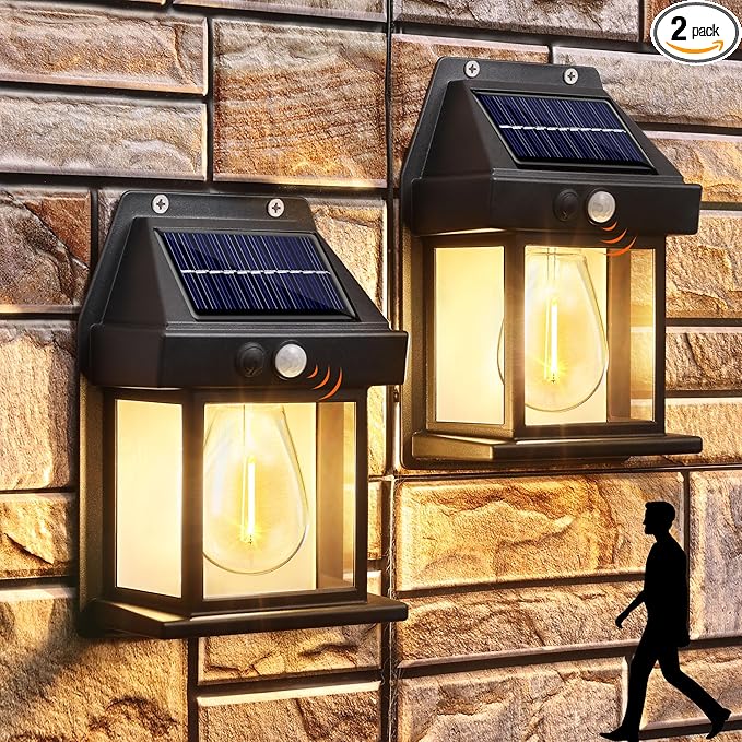 Joomer Solar Wall Lights Outdoor 2PACK ,Solar Wall Lantern with 3 Modes & Motion Sensor,Dusk to Dawn Porch Lights Fixture,Waterproof Exterior Lighting with Clear Panel for Entryway Front Door