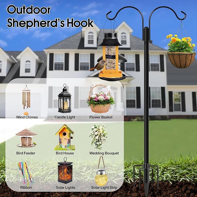 Ottsuls Bird Feeder Pole, 2 Pack 92 INCH Double Shepherds Hooks for Outdoor, with 5 Base Prongs Heavy Duty Tall Garden Planter Hooks for Hanging Flower Basket, Lantern, Hummingbird Feeder