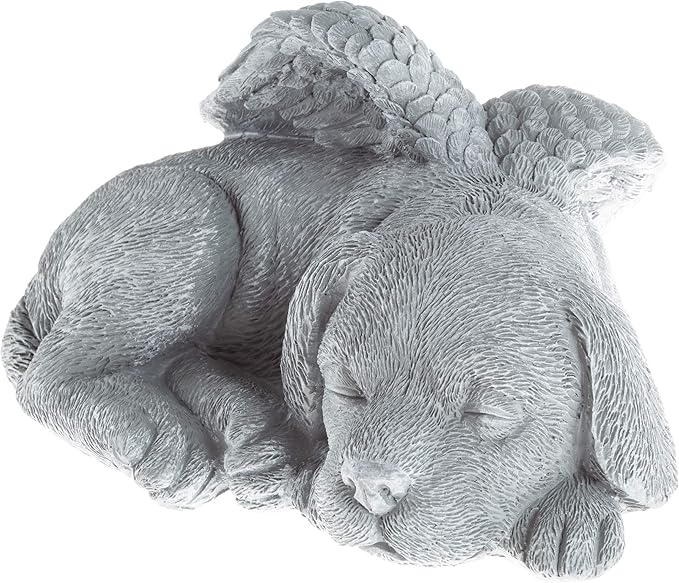 Pure Garden Sculpture Pet Memorial Statue, Sleeping Angel Dog, Stone Finish