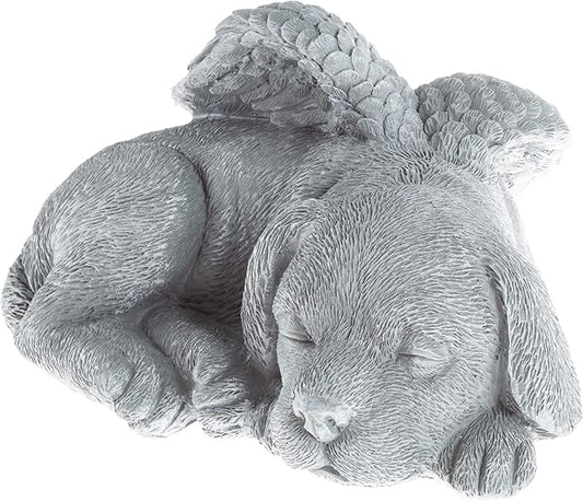 Pure Garden Sculpture Pet Memorial Statue, Sleeping Angel Dog, Stone Finish