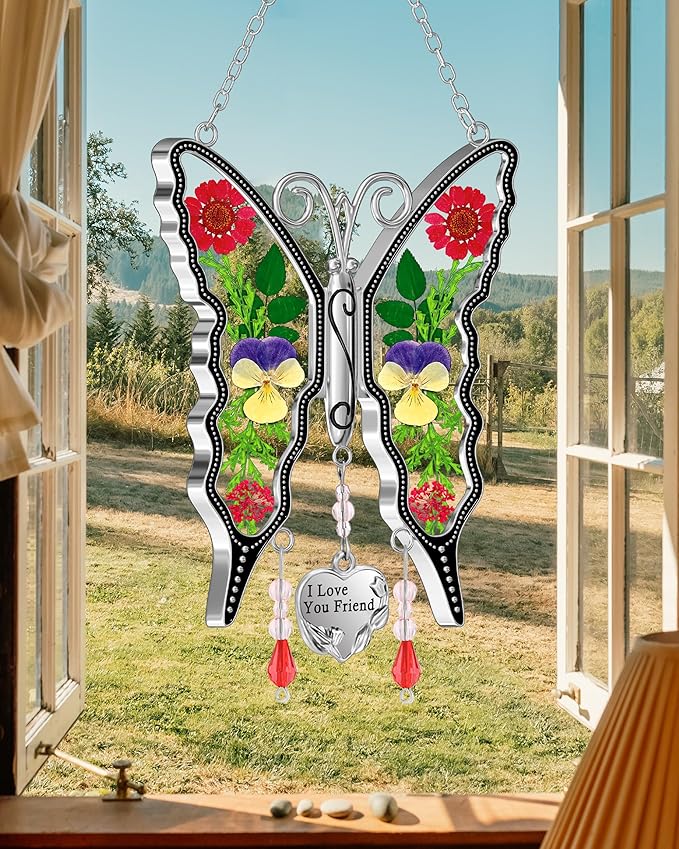 KY&BOSAM Butterfly Suncatcher I Love You Friend Gift Stain Glass Sun Catcher for Window Hanging Wind Chime with Pressed Flower Wings in Glass and Heart Charm Birthday Gift for Mother`s Day Christmas