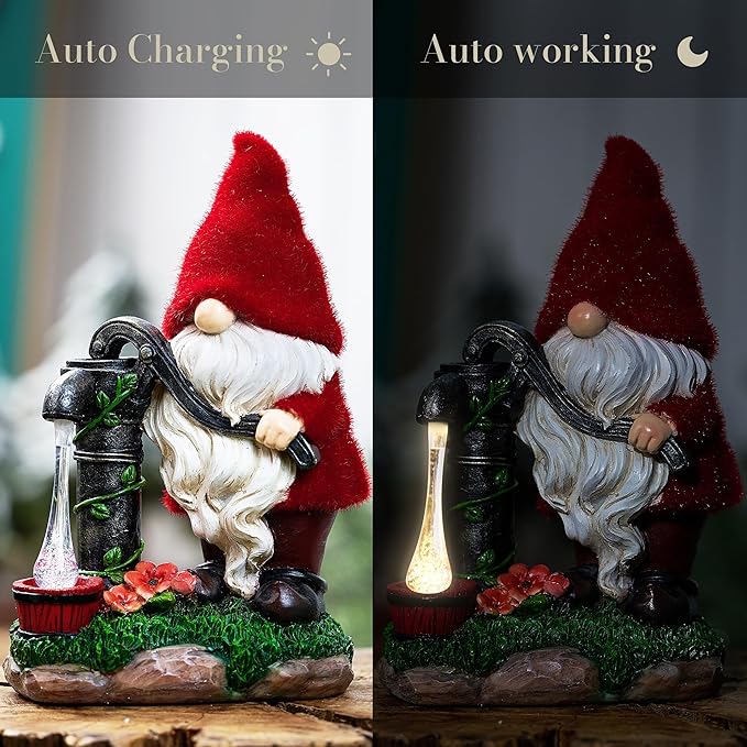 TERESA'S COLLECTIONS Resin Garden Gnomes Decor with Solar Lights, Red Outdoor Decorations for Porch Patio, Gifts for Women and Men，Outdoor Garden Decor Ornaments for Outside, 9"