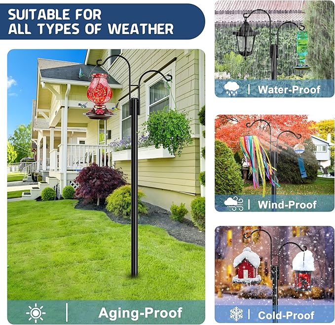 Ottsuls Bird Feeder Pole, 2 Pack 76 INCH Double Shepherds Hooks for Outdoor, Garden Pole with 5 Base Prongs Heavy Duty Planter Hooks for Hanging Plant Baskets, Lantern, Hummingbird Feeder