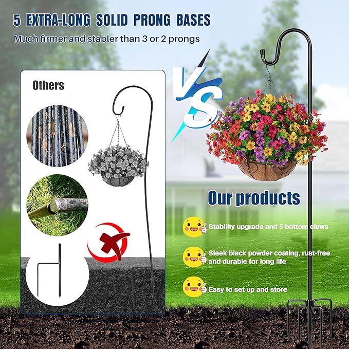 Ottsuls Shepherd Hooks with 5 Prongs Base for Outdoor - 76 Inch Adjustable Bird Feeder Pole for Outside Hanging, Garden, Hummingbird Feeder, Plant Baskets, Solar Light Lanterns, Wedding Decor (1 Pack)