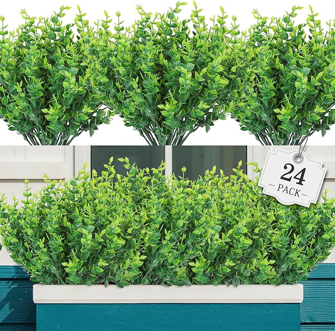 24 Bundles Fake Plants Greenery Stems,Artificial Plants for Outdoor,No Fade Faux Plastic Plants for Hanging Indoor,St Patricks Day Decoration Garden Porch Window Box Home Wedding Farmhouse