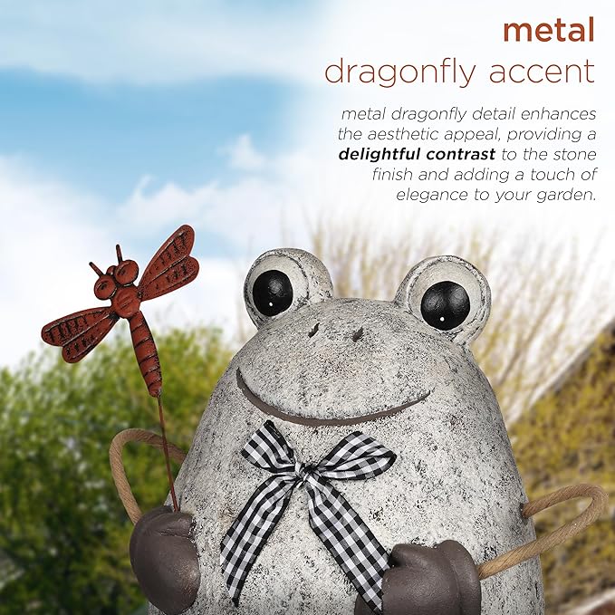 Alpine Corporation MCC862 Indoor/Outdoor Frog with Dragonfly Garden Statue, Stone Finish Frog Statue for Yard, 24" H, Silver