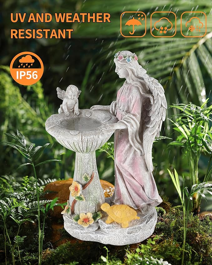iStatue Solar Angel with Mushroom Bird Bath Statue - 9.5'' Garden Decor for Outside Clearance, Color-Changing Lights Lawn Ornaments Baby Turtle Figurine for Yard Patio, Balcony Gifts (Angel)