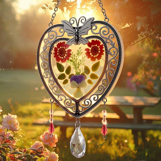 KY&BOSAM Heart Suncatcher Crystal Tree of Life Stained Glass Panles Real Flower Hangings for Windows Home Garden Outside Wind Chime Decor Birthday Gifts for Women Mother`s Day Christmas Ornament
