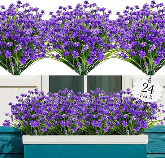 24 Bundles Artificial Flowers for Outdoor,No Fade Fake Plastic Flowers Faux Plants for Decoration Hanging Planters Indoor Outside Garden Porch Window Box Home Wedding Farmhouse