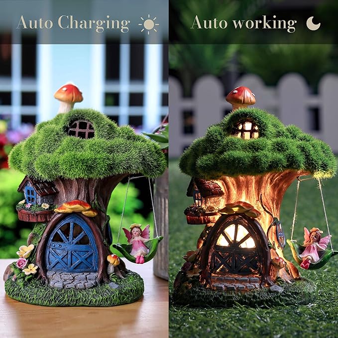 TERESA'S COLLECTIONS Fairy House Outdoor Statues with Solar Light for Garden Decor, Green Moss Resin Outdoor Cottage with Swinging Fairy, Lawn Ornaments Yard Decor Gifts for Mom Women, 8"