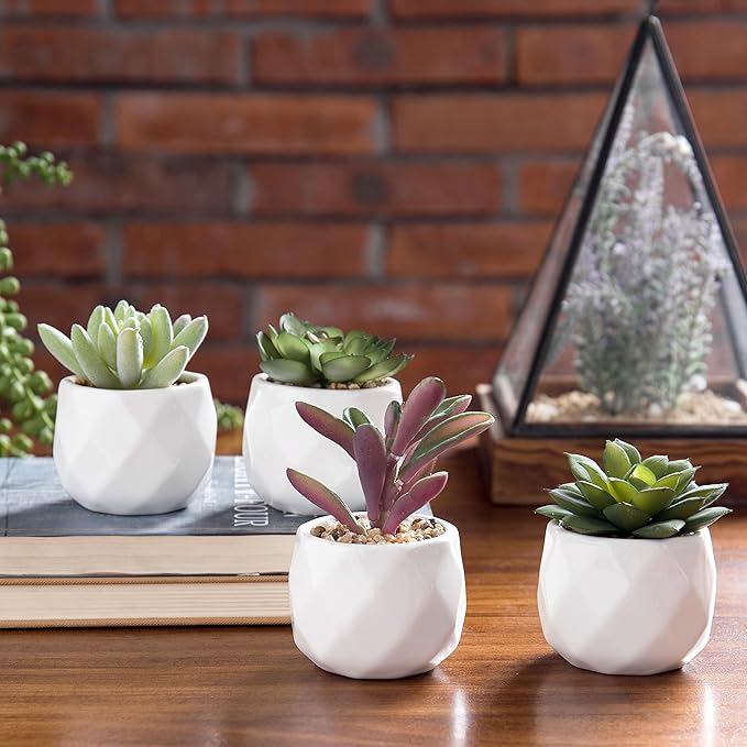 MyGift Miniature Artificial Succulents, Indoor Fake House Plants in Round White Geometric Ceramic Pots, Set of 4