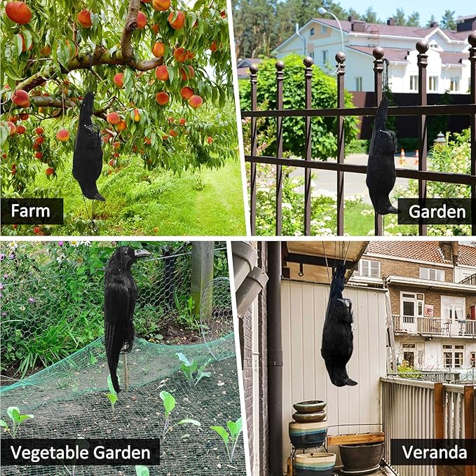 Lewtemi 4 Pcs 17 Inch Realistic Hanging Dead Crows Decoy Life Size Black Feathered Crow Fake Black Crows for Garden Decorations
