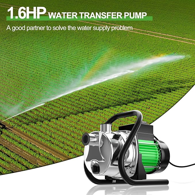 Water Transfer Pump 1.6HP 1800GPH Shallow Well Pump Electric Garden Pressure Booster Pumps for Pool Draining Farm Irrigation Lake Lawn Sprinkler System