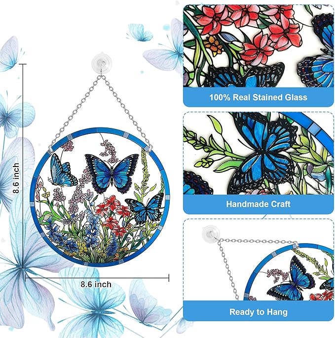 Lager Butterfly Suncatchers for Windows, Butterfly Stained Glass Window Hanging - 8.6 inch Sun Catcher for Window, Butterflies Decor with Hook - Suncatchers Birds Window Hangings Gifts for Mom