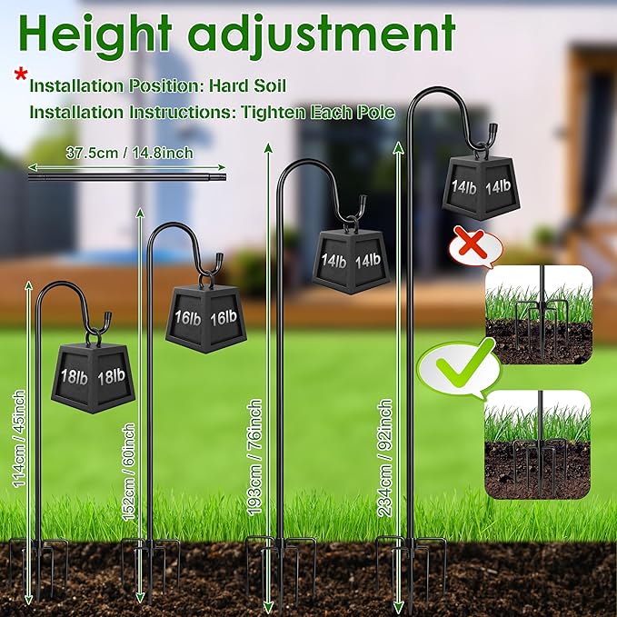 XDW-GIFTS Bird Feeder Pole for Outdoor, 92 Inch Shepherds Hooks Heavy Duty Garden Pole for Hanging Plant Basket, Solar Light Lanterns, Garden Plant Hanger Stands with 5 Base Prongs