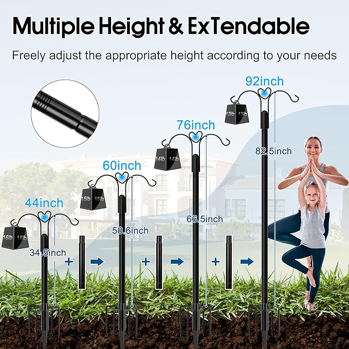 Ottsuls Bird Feeder Pole, 2 Pack 92 INCH Double Shepherds Hooks for Outdoor, with 5 Base Prongs Heavy Duty Tall Garden Planter Hooks for Hanging Flower Basket, Lantern, Hummingbird Feeder