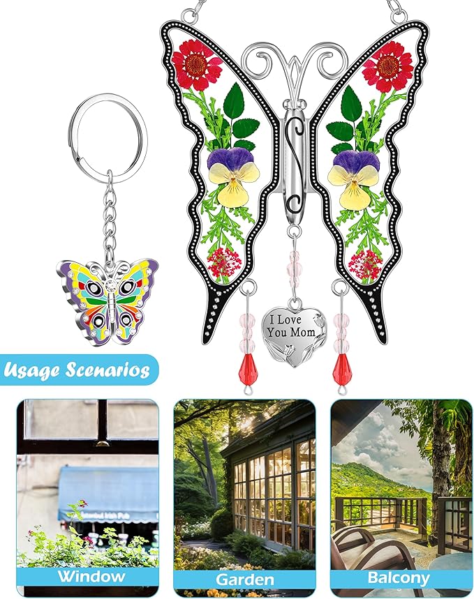 KY&BOSAM Butterfly Suncatcher Gifts for Mom for Windows Hangings I Love You Mom Pressed Flower Between Wings Glass Metal Engraved Charm Birthday Gifts for Women Mom Mother's Day Valentine's Christmas