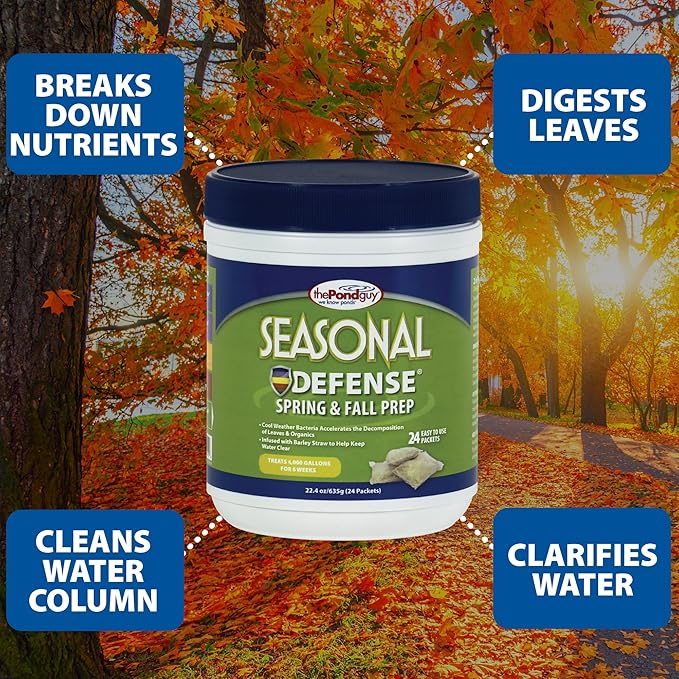 The Pond Guy Seasonal Defense, Spring & Fall Beneficial Bacteria, Barley & Enzymes, Cold Water Pond Sludge & Scum Treatment, Fish & Plant Safe, 24 Packets