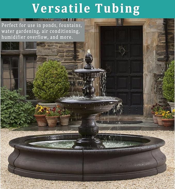 3/8" id - 50ft Black Vinyl Tubing Flexible PVC Tube Hybrid Hose Transfer Water Fuel Gas for Pond Fountain Garden Waterfall, Durable and Safe, with 2 Hose Clamps