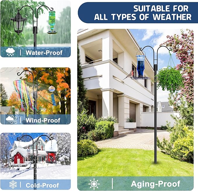 Ottsuls Bird Feeder Pole, 2 Pack 92 INCH Double Shepherds Hooks for Outdoor, Garden Pole with 5 Base Prongs Heavy Duty Planter Hooks for Hanging Plant Baskets, Lantern, Hummingbird Feeder