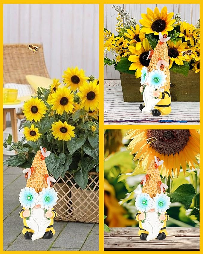 iStatue Garden Gnomes Outdoor Clearance with Solar Bee Lights - 9.5'' Resin Figurine Honeycomb Sunflower Spring Summer Decoration for Home Garden Decor Lawn Ornaments (Mr Bee Gnome)