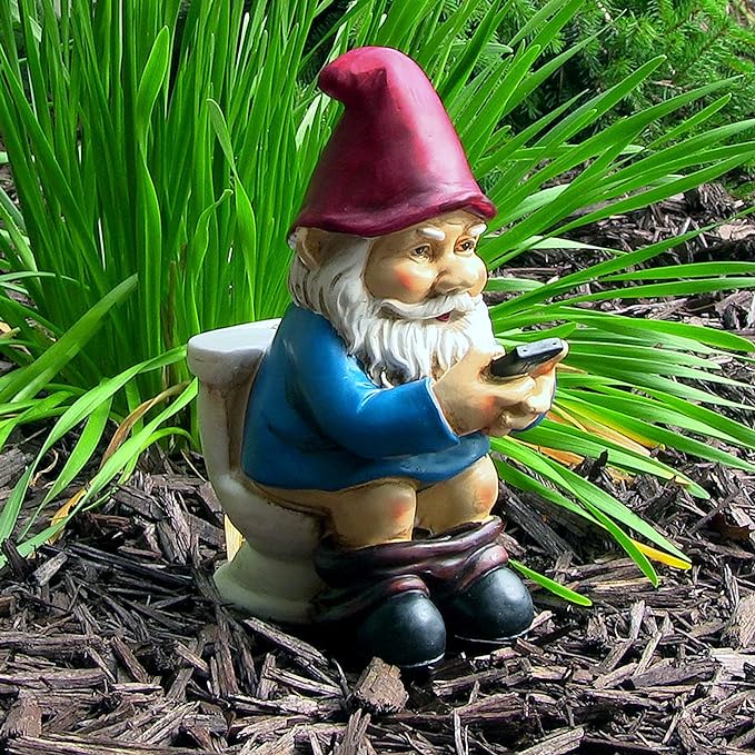 Sunnydaze 9.5-Inch Cody The Garden Gnome on The Throne Reading His Phone - Funny Lawn Decoration
