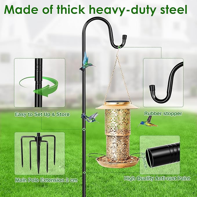 XDW-GIFTS Bird Feeder Pole for Outdoor, 2-Pack 45 Inch Shepherds Hooks Heavy Duty Garden Pole for Hanging Plant Basket, Solar Light Lanterns, Garden Plant Hanger Stands with 5 Base Prongs
