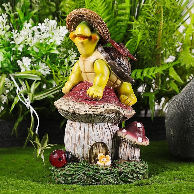 Turtle Figurine Garden Decor, Solar Turtle Outdoor Statue, Funny Turtle Gift Sculpture Decoration for Home Patio Yard Lawn Porch Ornament