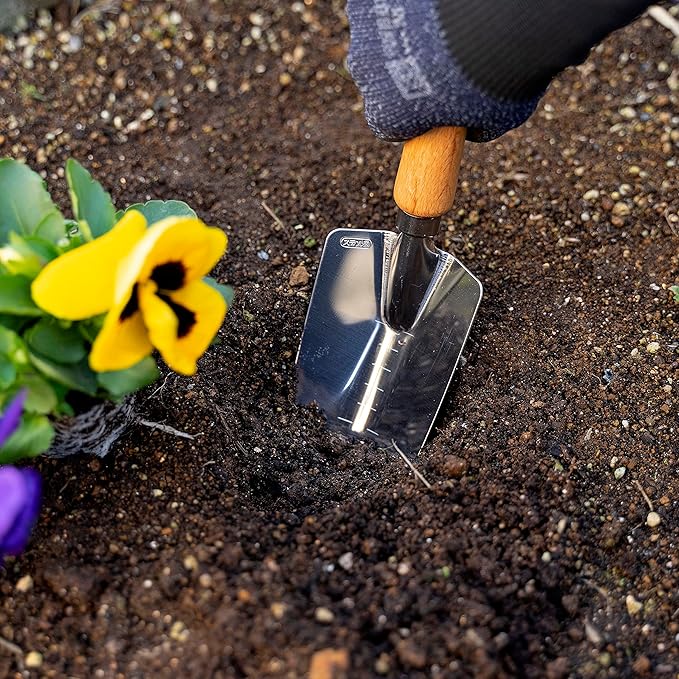 Garden Helper Garden Trowel with Measurements for Planting (Wide), Garden Hand Shovel Japanese Stainless Steel, Wooden Handle, Made in Japan
